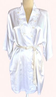 Vintage California Dynasty Satin Robe Womens L Ivory Lace Beaded Bridal USA